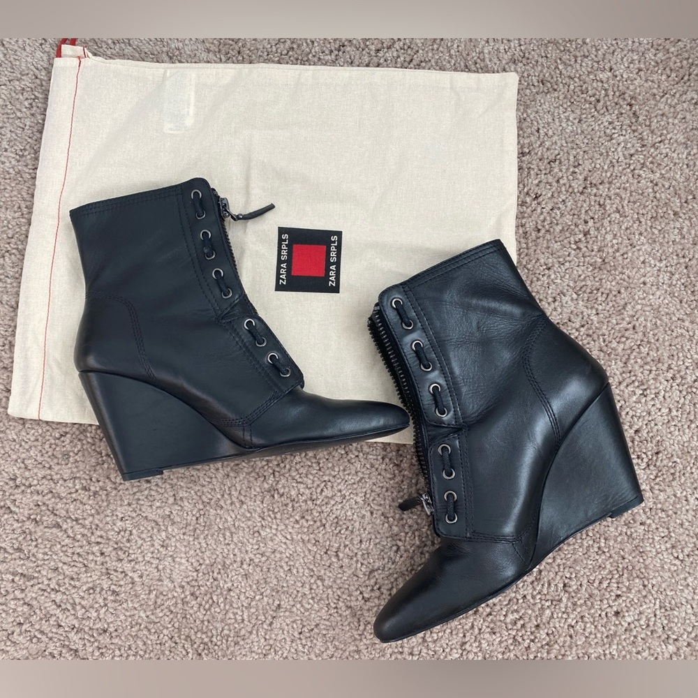 Zara SRPLS Real Leather High Wedge Black Ankle Boots Booties Zip Size 8 / 39
